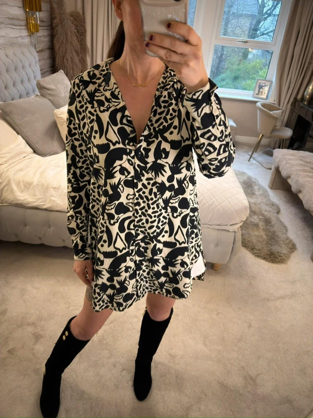 Monki Cream & Black Oversized Shirt XS