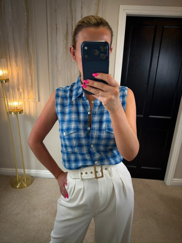 Vintage Etam Blue Check Sleeveless Shirt Size 10