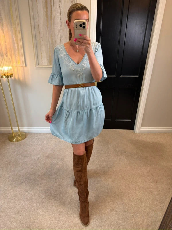 Accessorize XS Light Denim Embroidered Boho Mini Dress XS