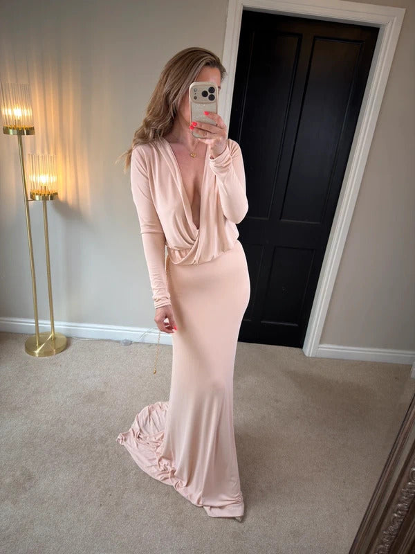 Gorgeous Couture Light Pink / Nude Plunge Dress Small