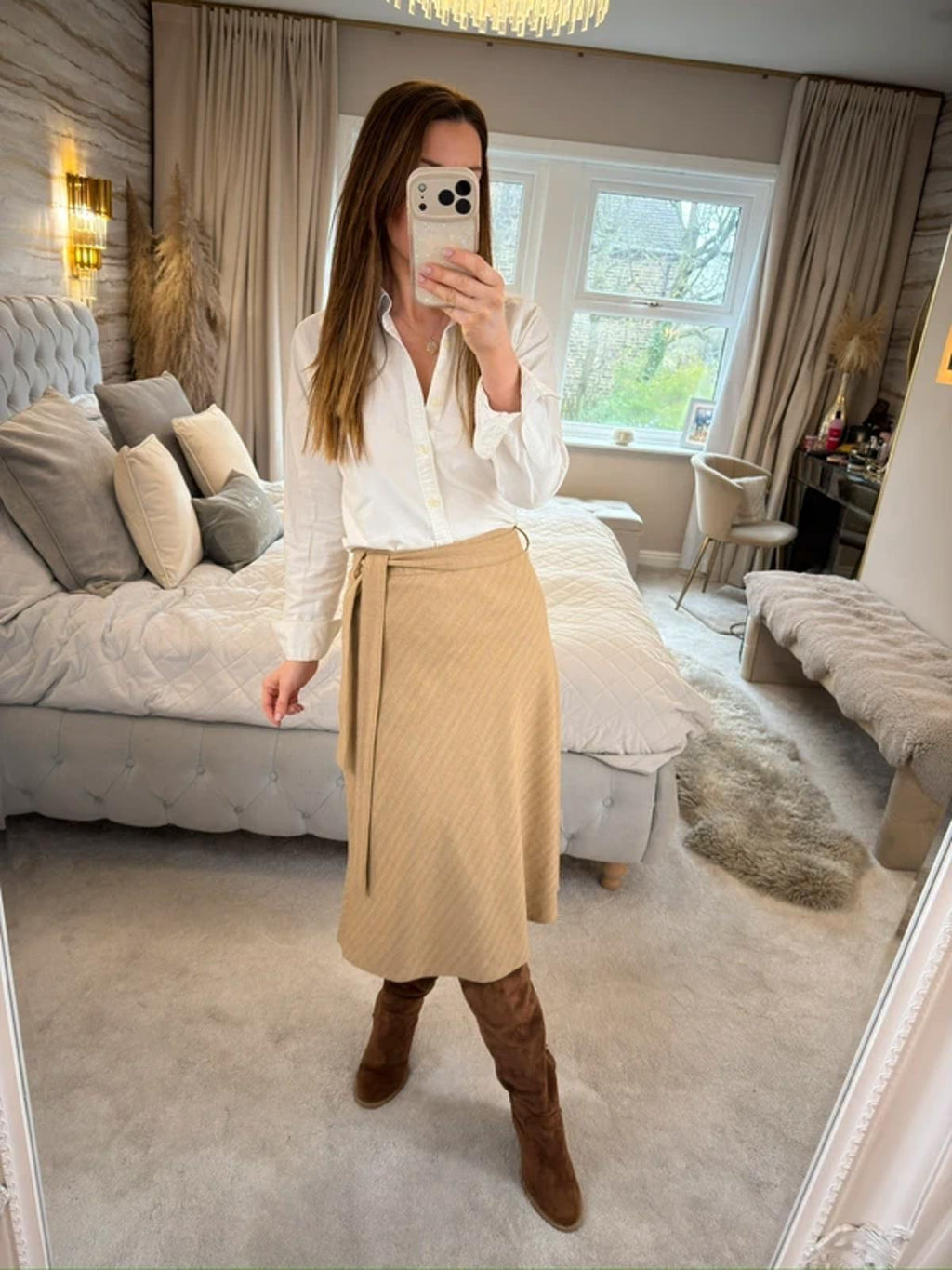 Vintage Hauber Beige Wool Blend Midi Skirt 14/16