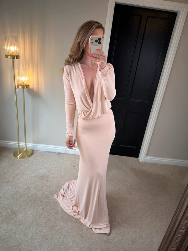 Gorgeous Couture Light Pink / Nude Plunge Dress Small