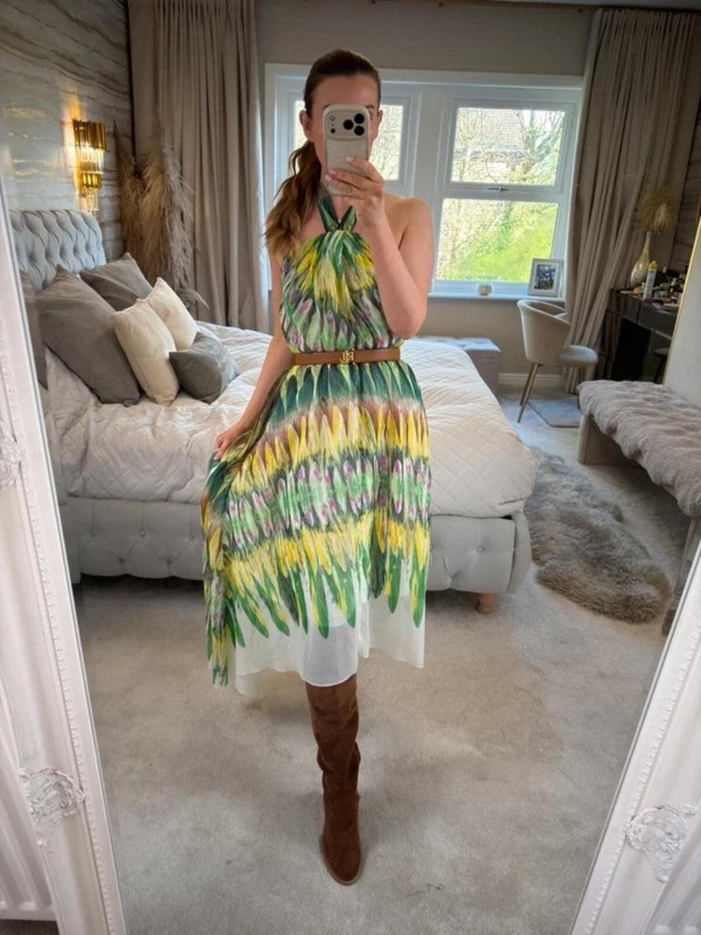 Caroline Morgan Green & Yellow Halterneck Dip Hem Dress 8