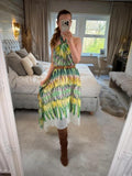 Caroline Morgan Green & Yellow Halterneck Dip Hem Dress 8