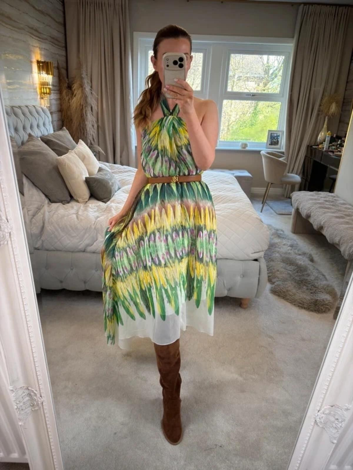 Caroline Morgan Green & Yellow Halterneck Dip Hem Dress 8