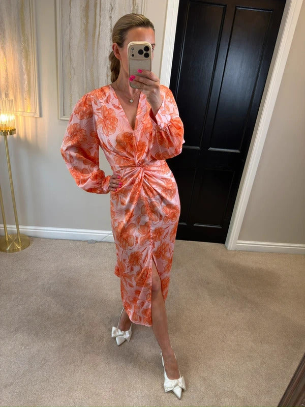 River Island Pink Floral Satin Knot Midi Dress 12