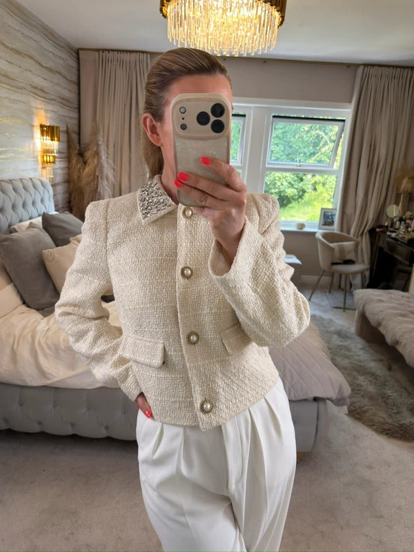 BNWT River Island Cream Embellished Tweed Blazer 12