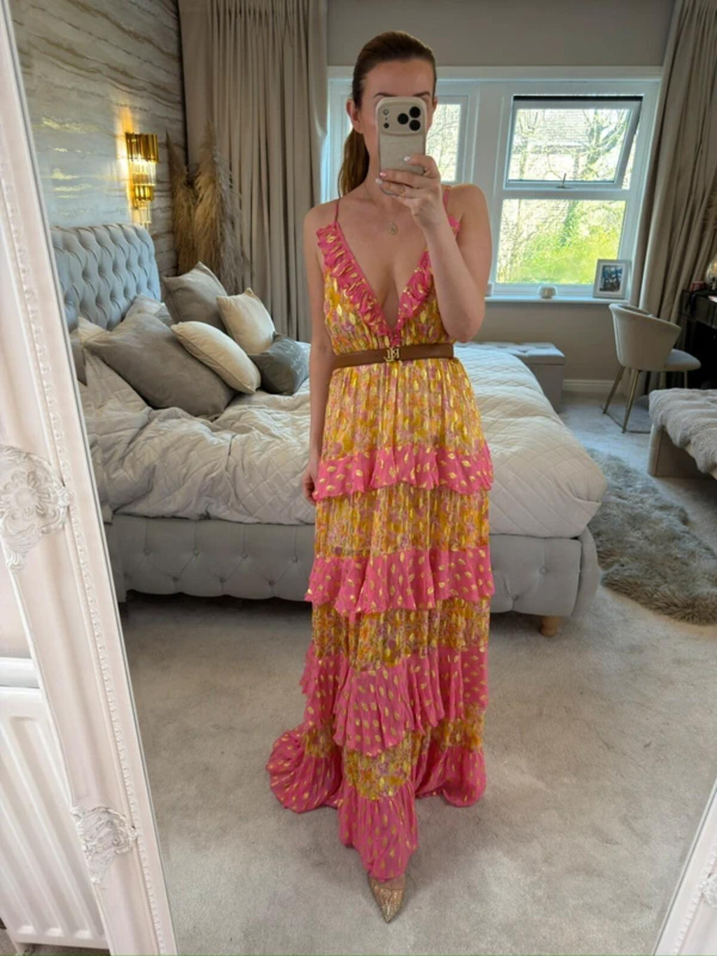 Miss June Pink & Gold Bohemian Maxi Dress One Size