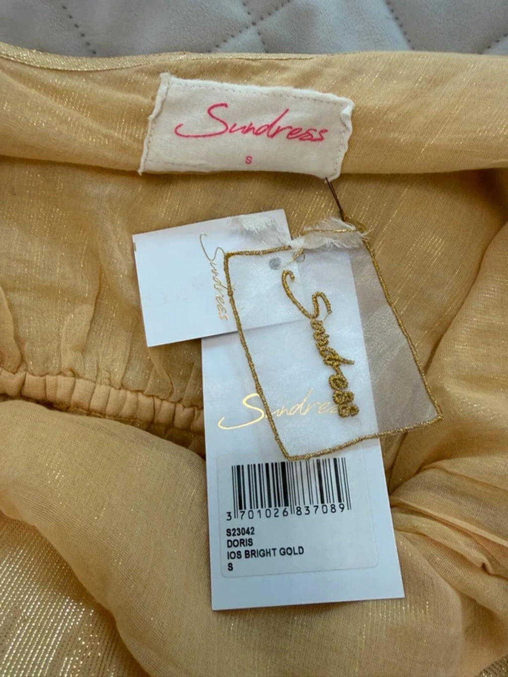BNWT Sundress Gold Metallic One Shoulder Belted Dress Small