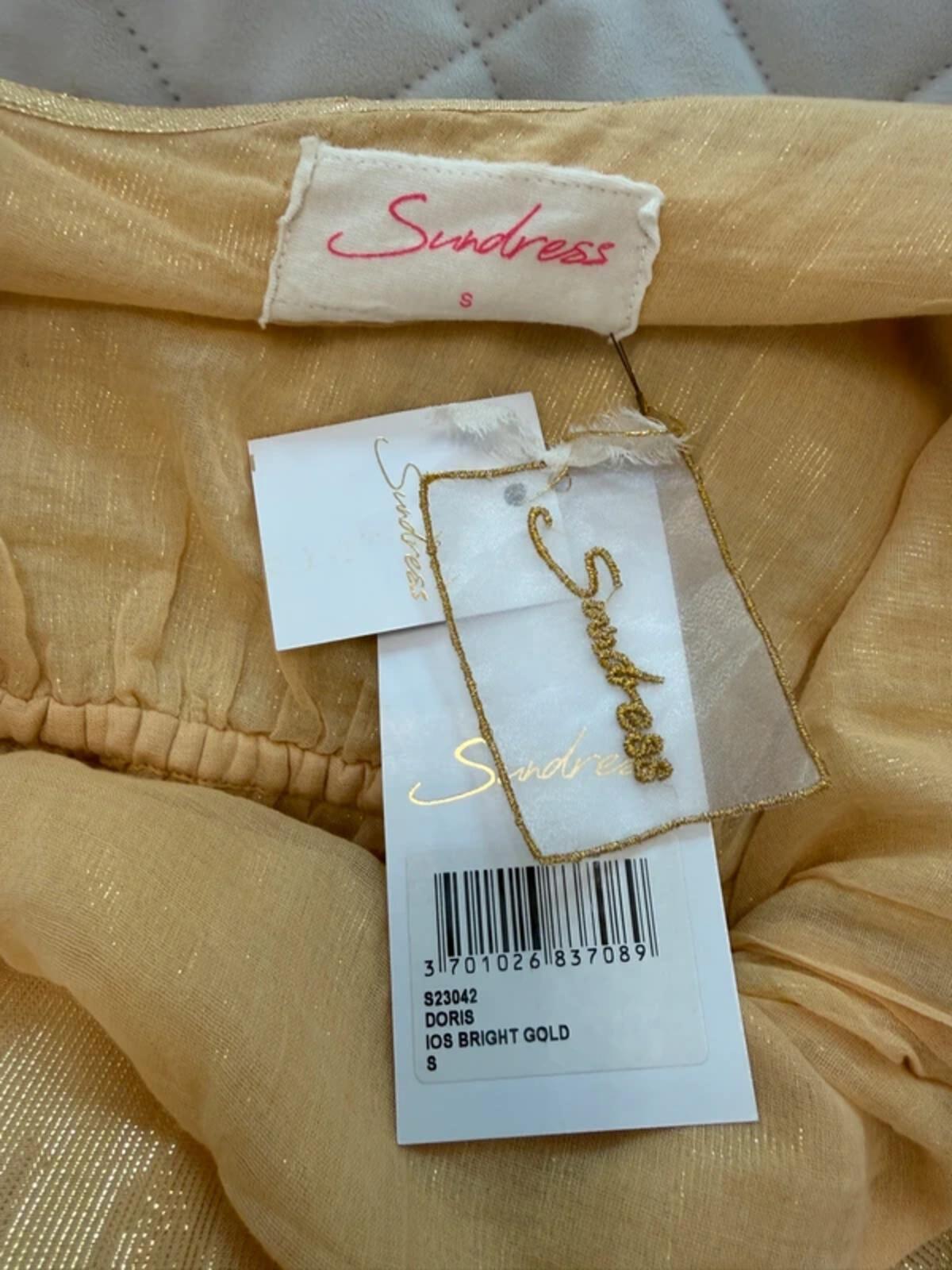 BNWT Sundress Gold Metallic One Shoulder Belted Dress Small