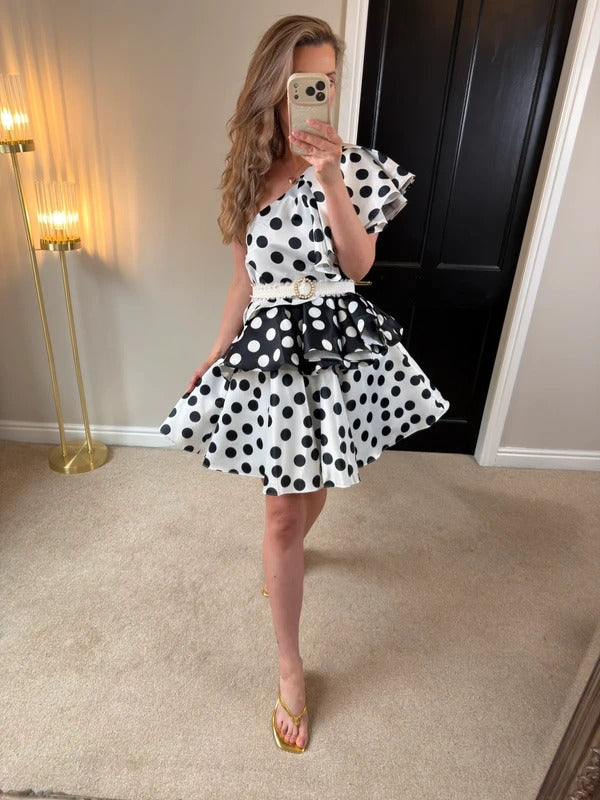 BNWT Forever Unique Black & White Polka Dot Layered One Shoulder Dress 8