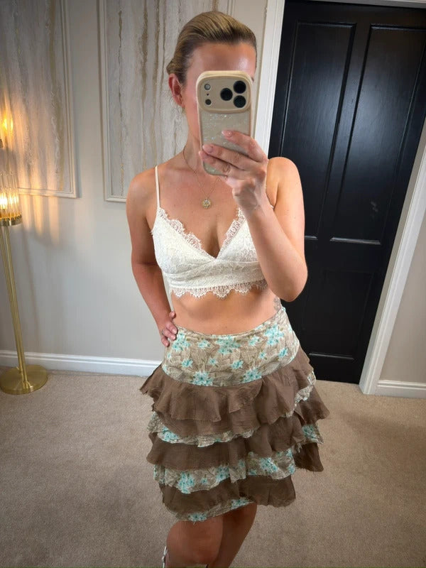 Vintage Jigsaw Brown & Blue Frill Layered Skirt 8