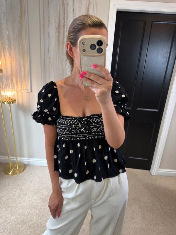 River Island Black Polka Dot Boho Blouse XS