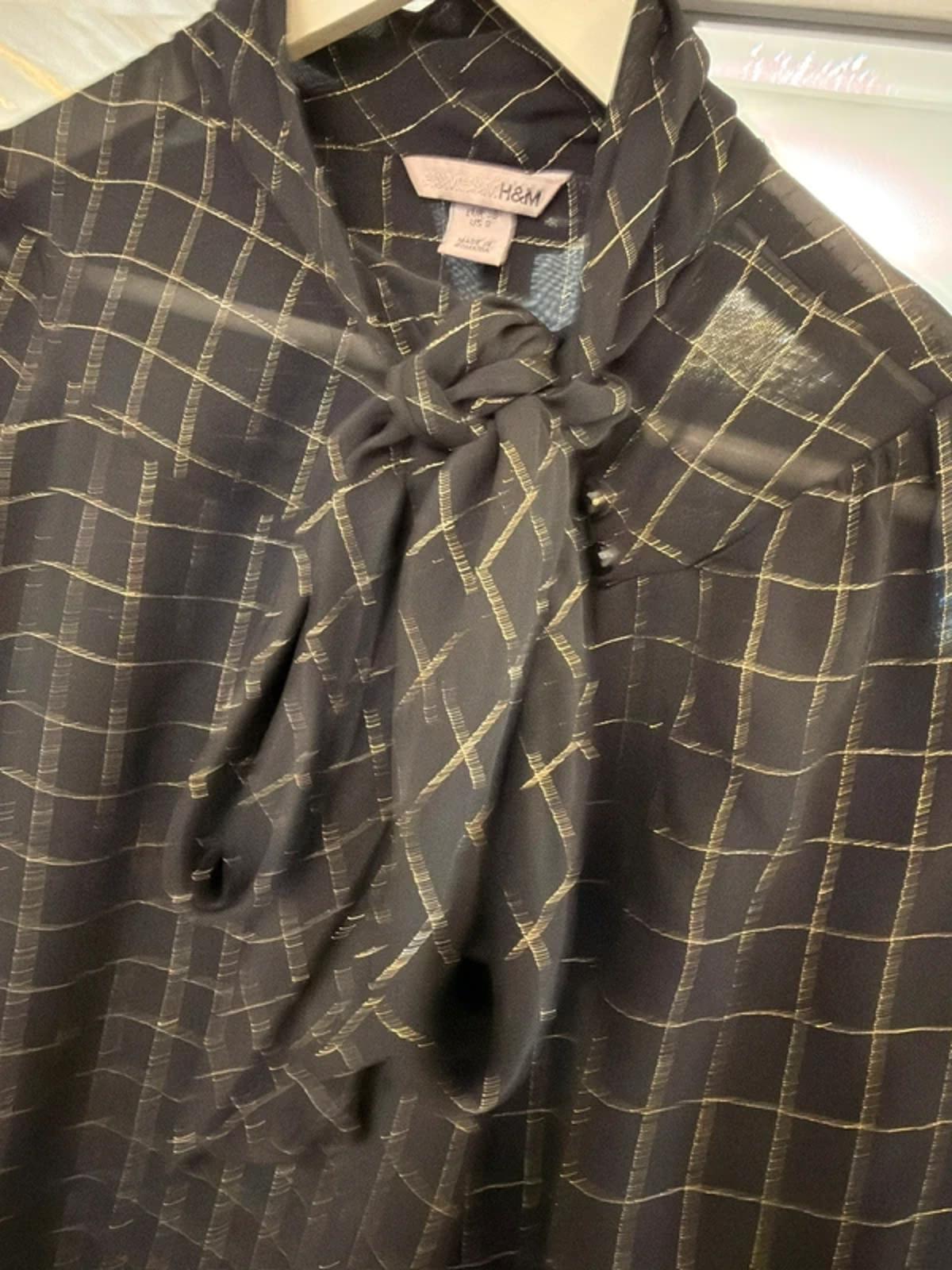 H&M Vintage Sheer Black & Gold Pussy Bow Blouse 10