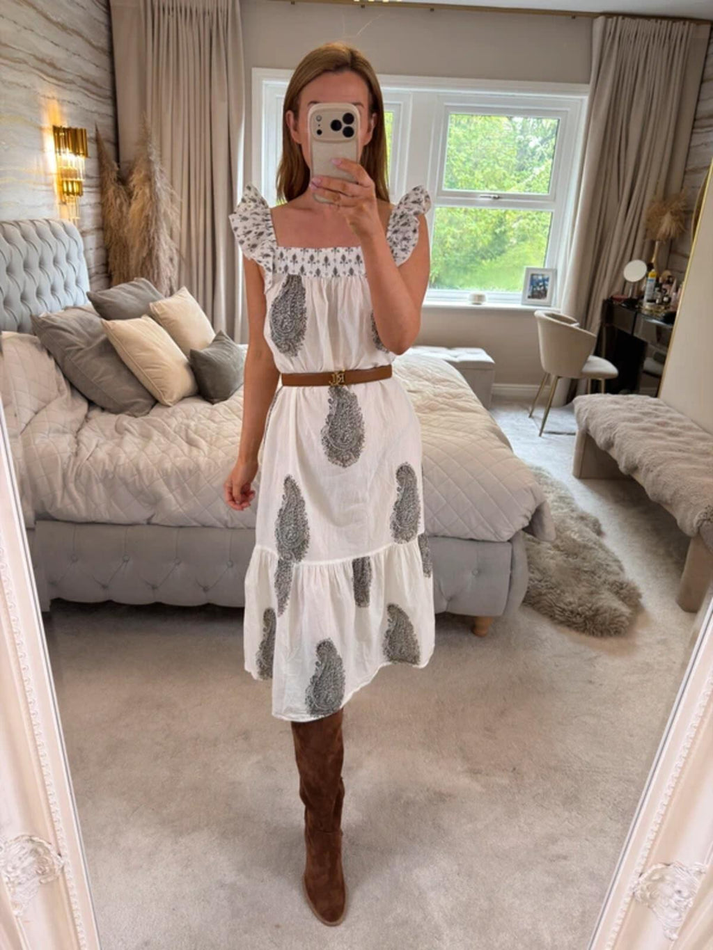 F&F White Paisley Frill Midi Dress 8/10
