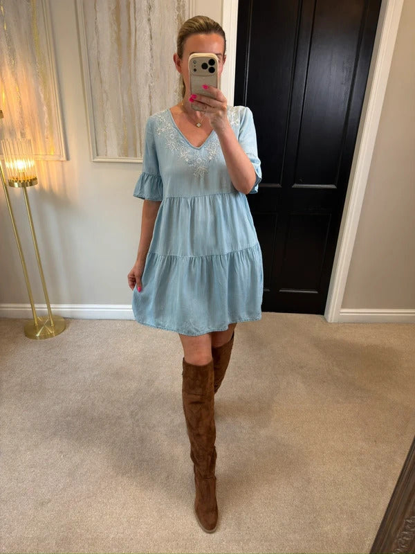 Accessorize XS Light Denim Embroidered Boho Mini Dress XS