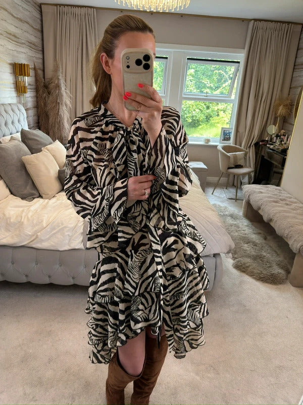ARRI Black & Cream Sheer Dip Hem Frill Animal Print Dress 10