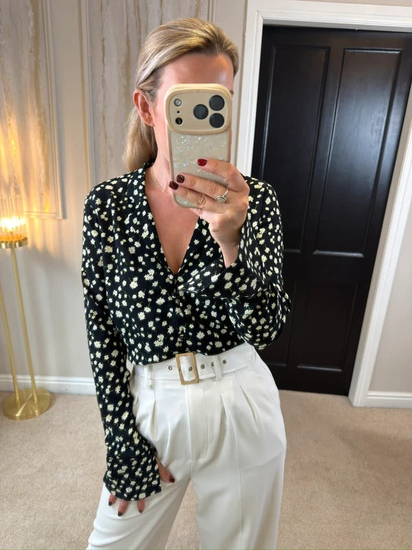 M&S Black Daisy Button Front Blouse 8