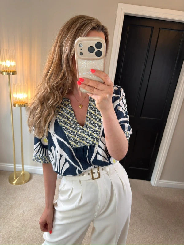 White Stuff Navy Linen Blend Floral Blouse 12