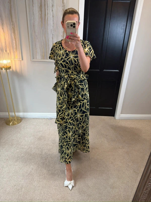 Vintage Roman Black & Butter Yellow Floral Frill Dress
