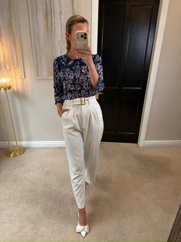 River Island Semi Sheer Blue Floral Lace Collared Blouse 12