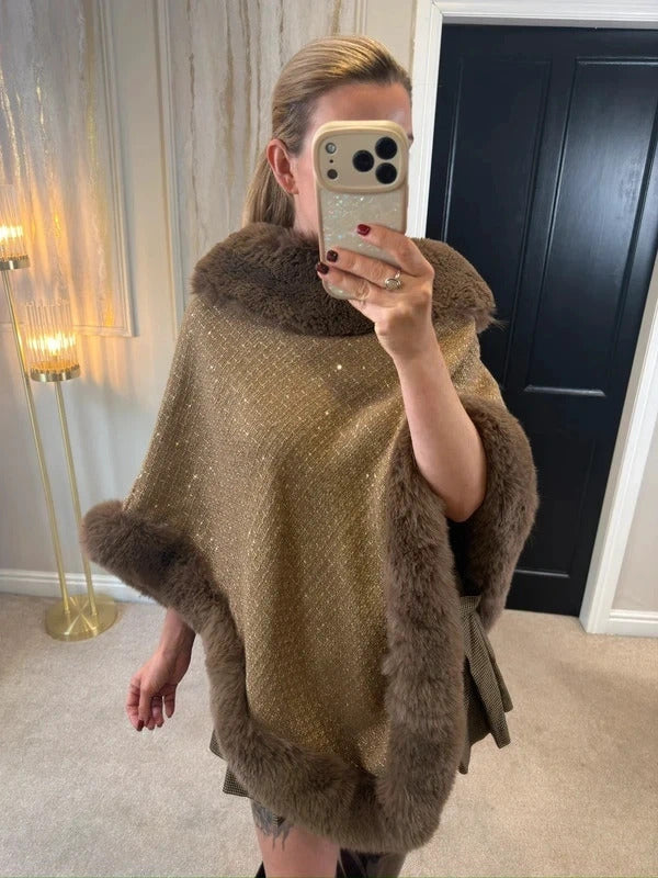 Boutique Brown Tweed Wool Blend Faux Fur Poncho One Size