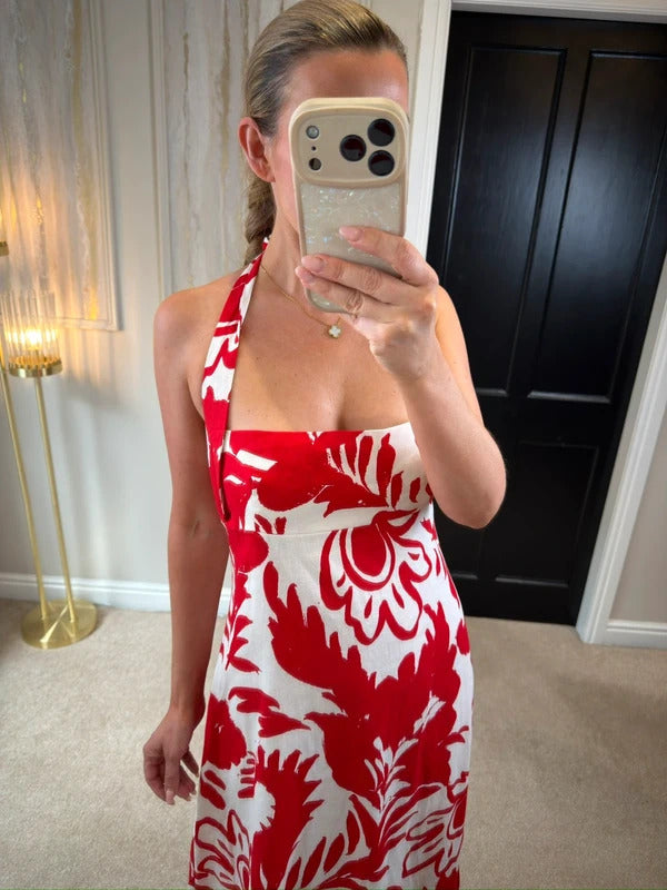 BNWT Zara Red & White Linen Blend Dress Large