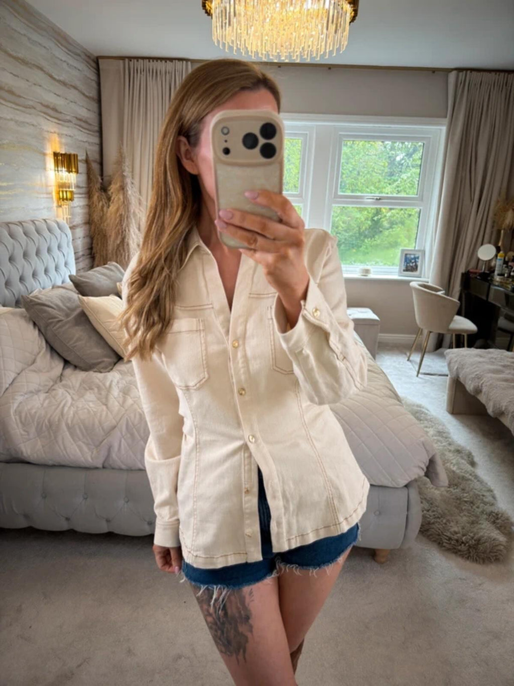 Zara Cream Denim Fitted Shirt Large