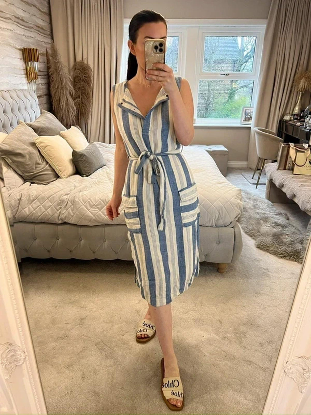 Cream & Blue Stripe Belted Midi Dress 12