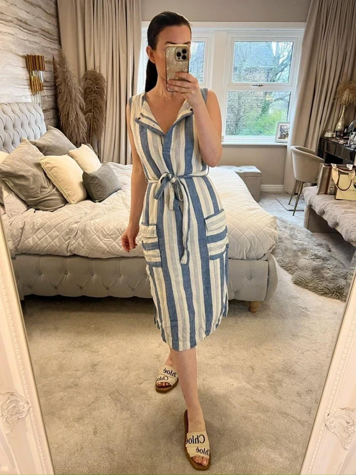 Cream & Blue Stripe Belted Midi Dress 12