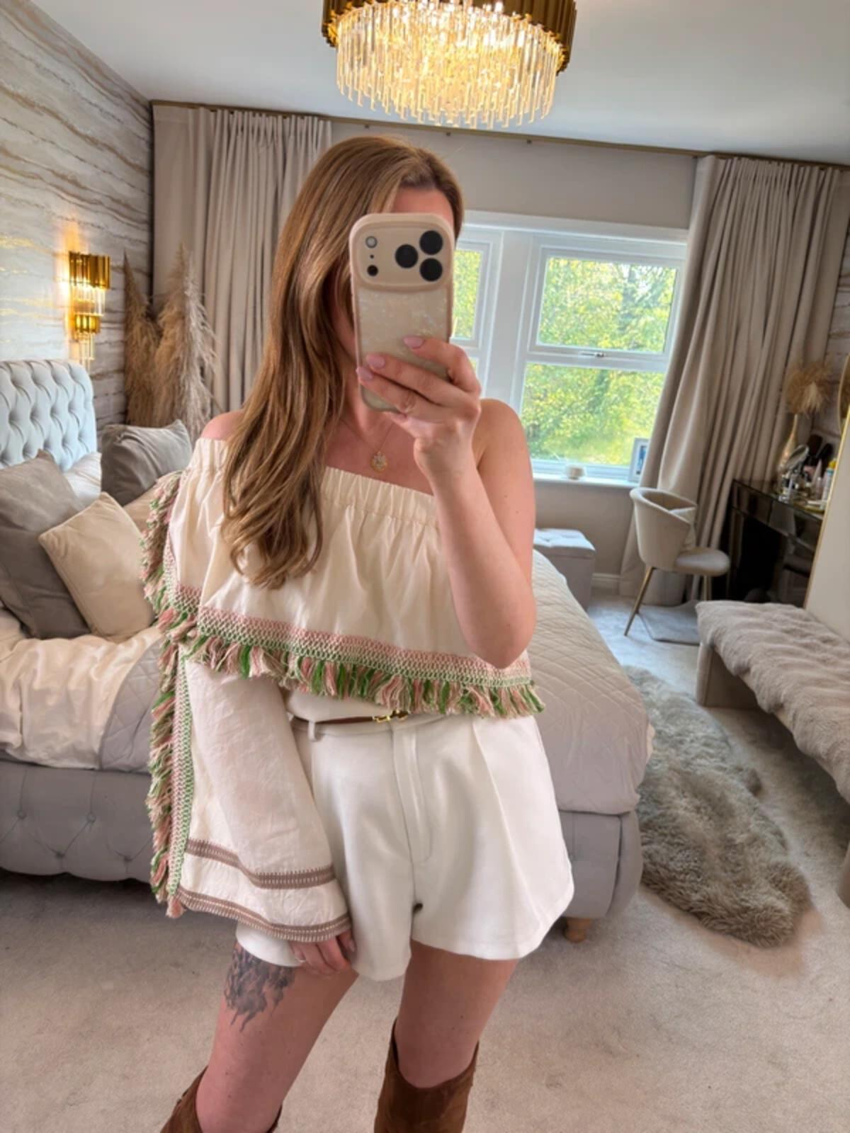 Celia Dragouni Cream Boho Tassel Blouse