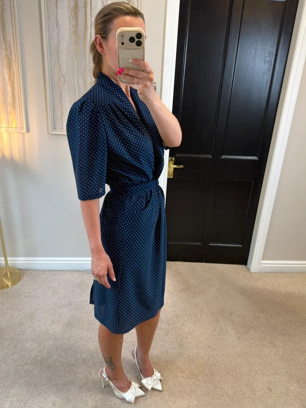Vintage Navy & White Polka Dot Belted Dress 16