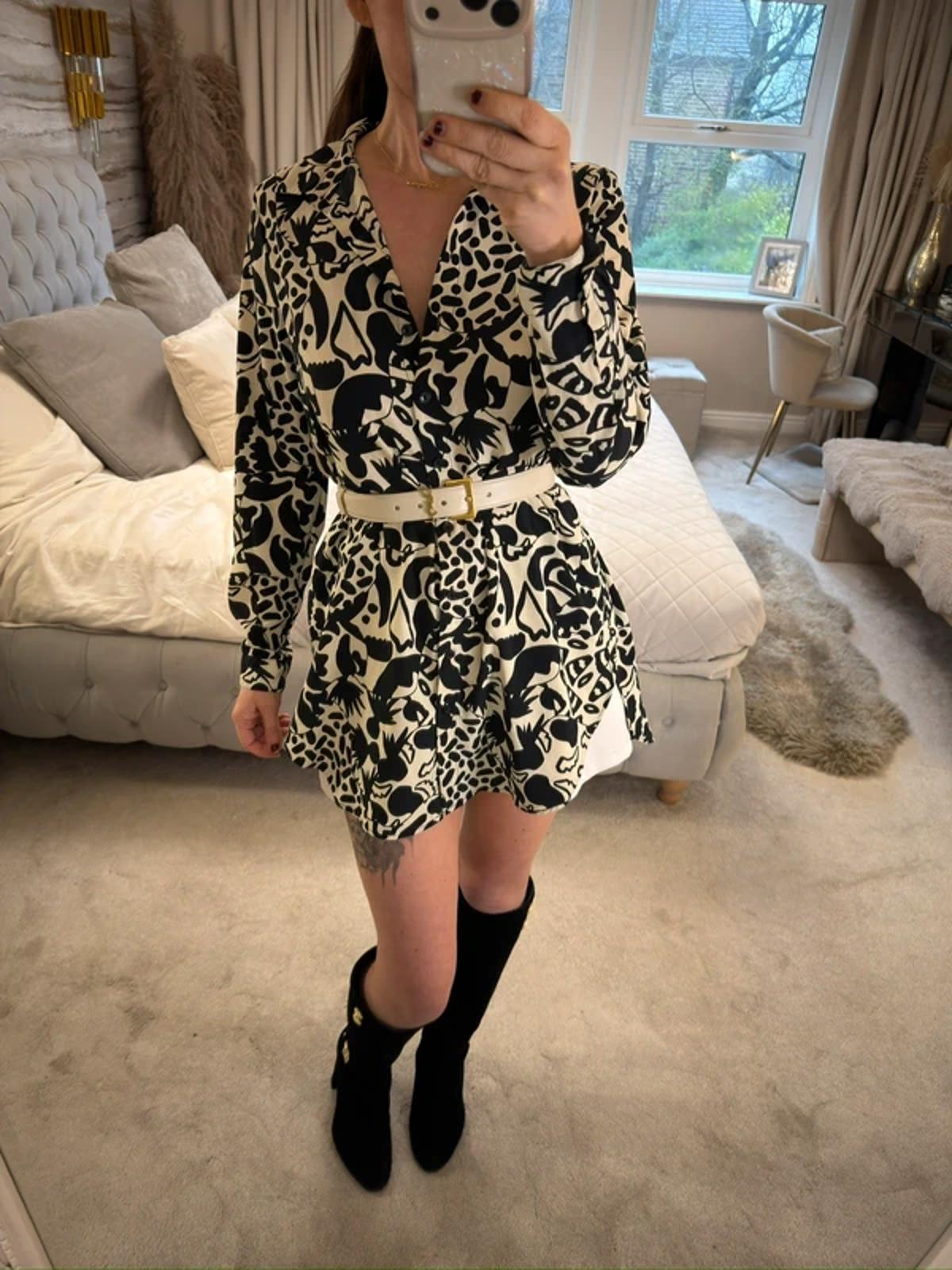 Monki Cream & Black Oversized Shirt XS