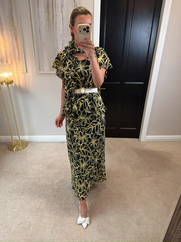 Vintage Roman Black & Butter Yellow Floral Frill Dress