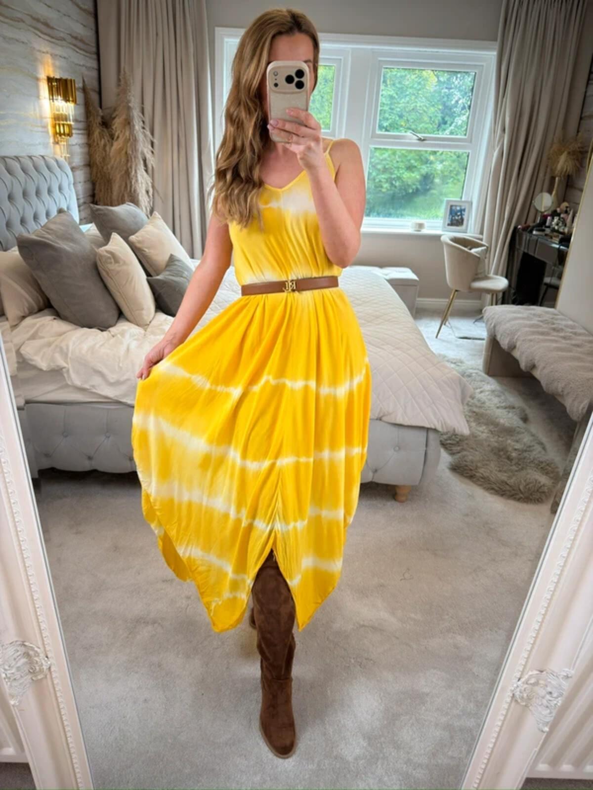 Boutique Yellow Tie Dye Dip Hem Dress One Size
