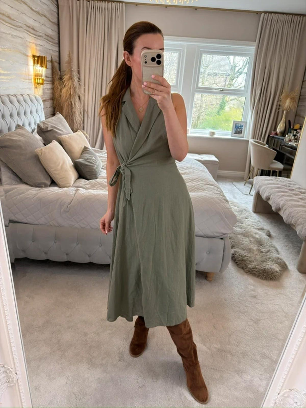 DKNY Khaki Linen Blend Wrap Dress 8