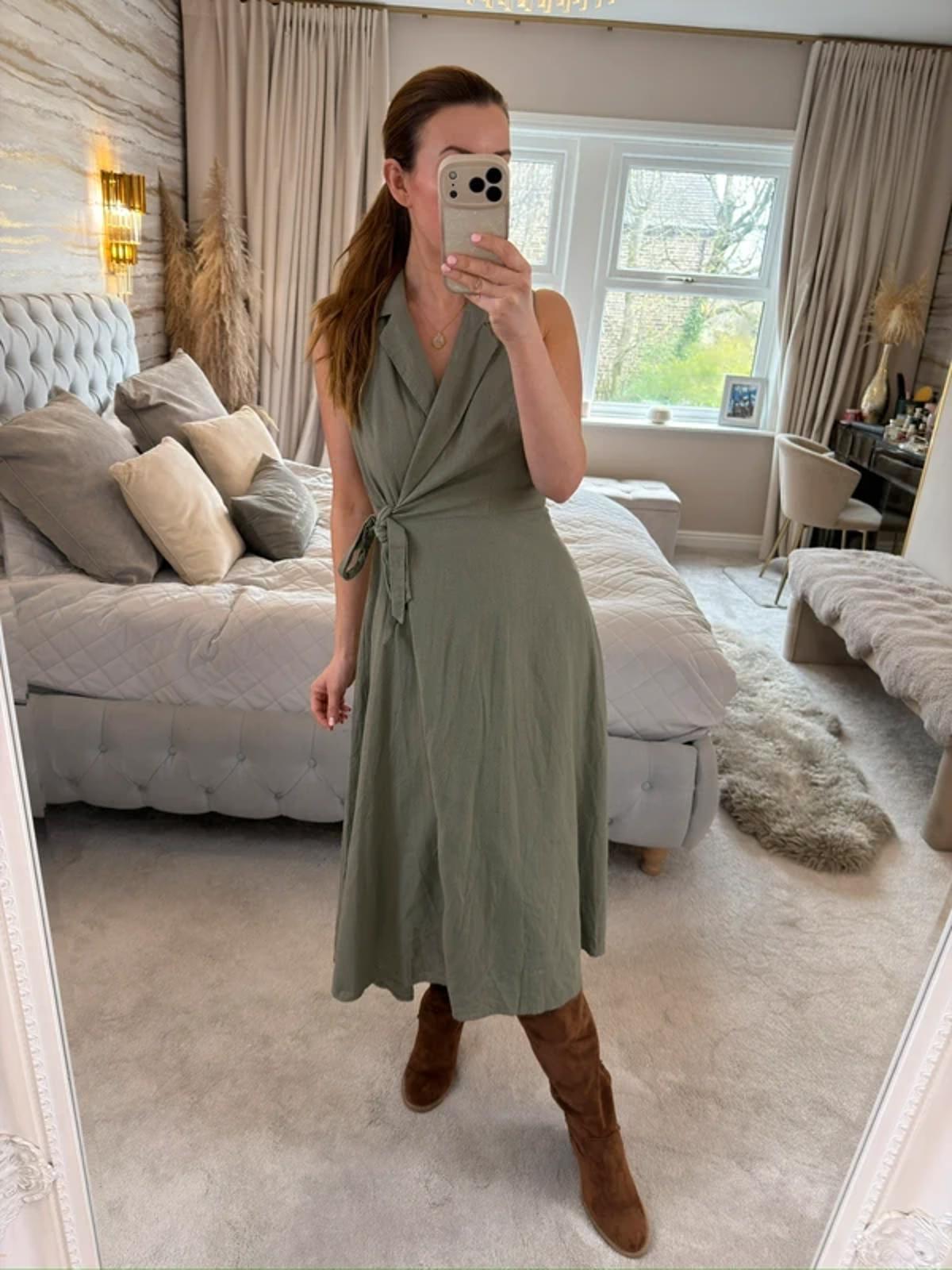 DKNY Khaki Linen Blend Wrap Dress 8