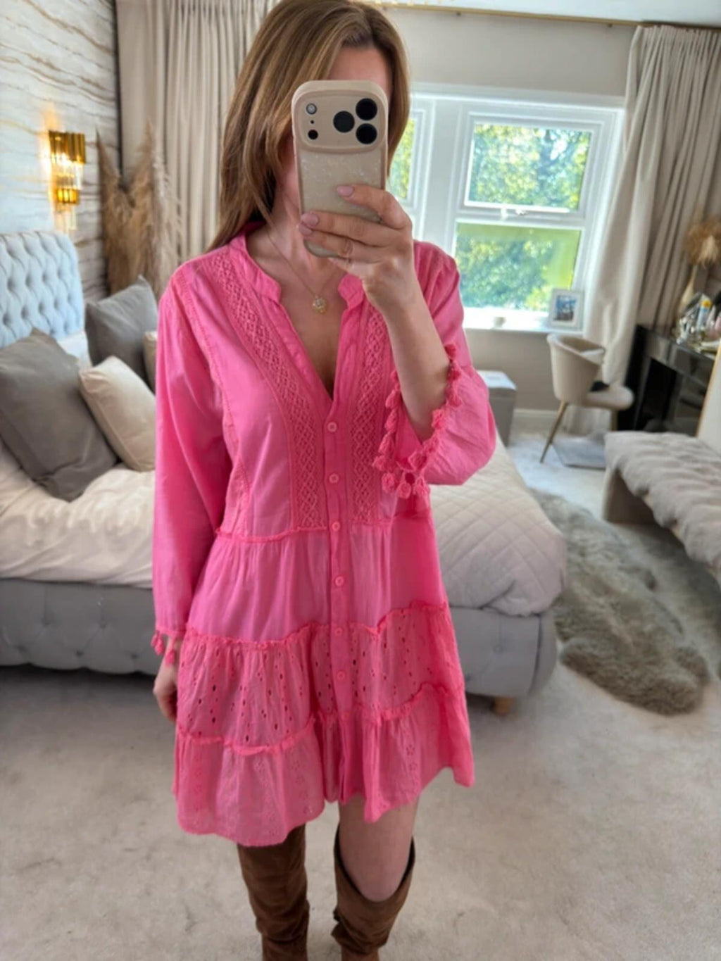 American Flirt Pink 100% Cotton Mini Dress Large