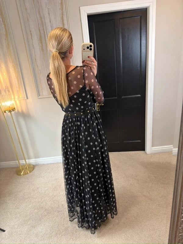 Floryday Black & White Polka Dot Mesh Maxi Dress Medium