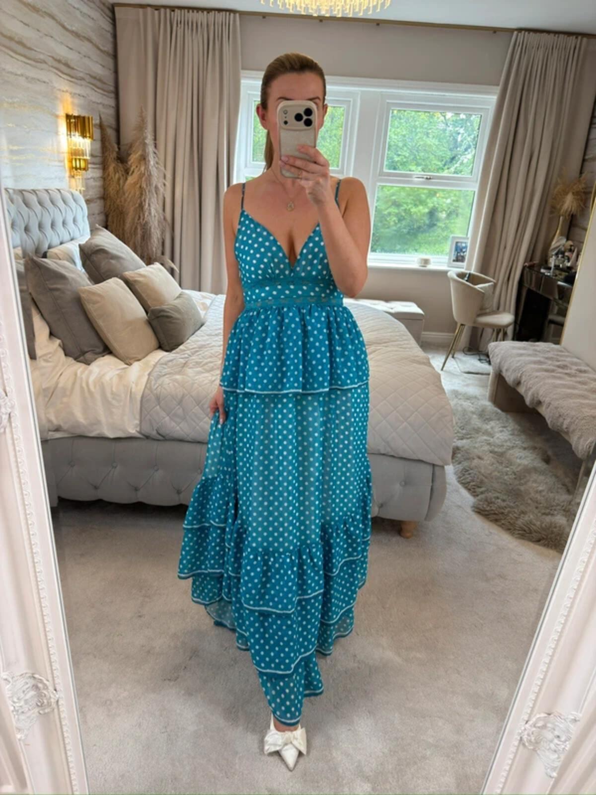 Golden Days Teal Blue & White Polka Dot Tiered Maxi Dress 8