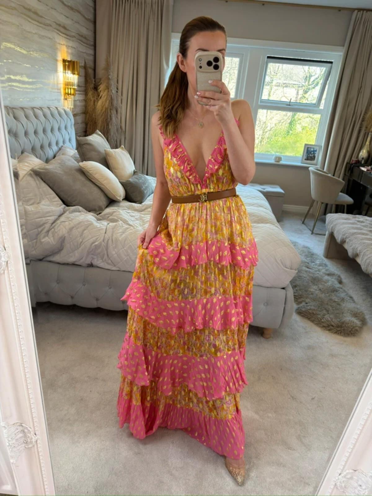 Miss June Pink & Gold Bohemian Maxi Dress One Size