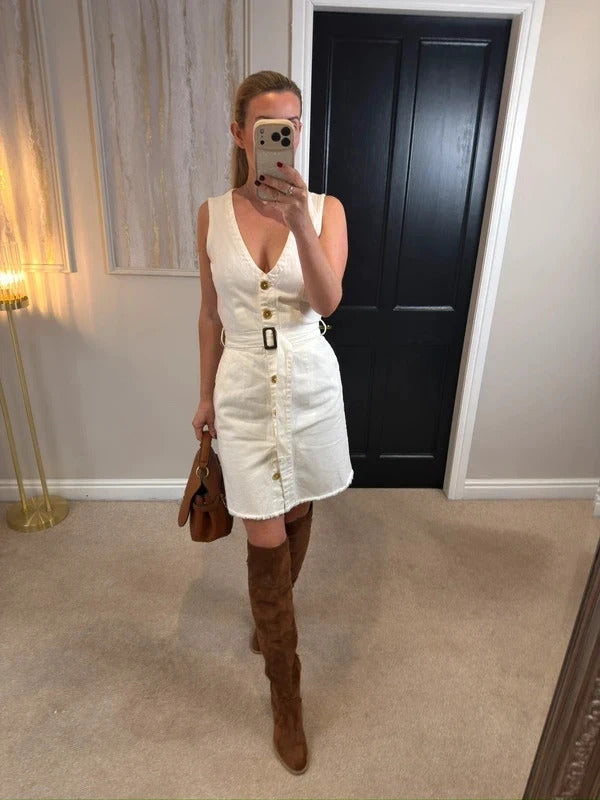 Missguided White Belted Denim Dress 10