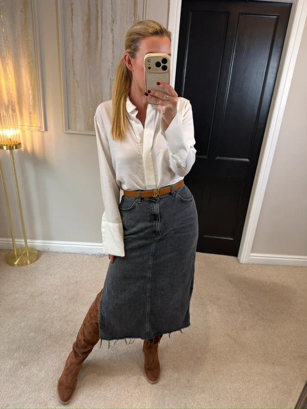 Topshop Washed Black Distressed Split Midi Skirt 10
