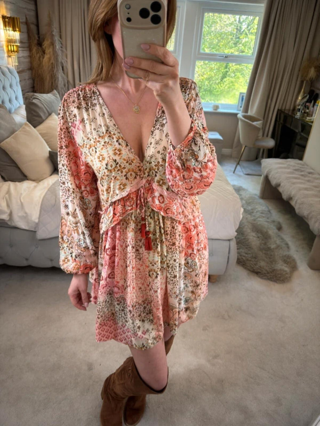 Zara Cream & Pink Boho Mini Dress Small