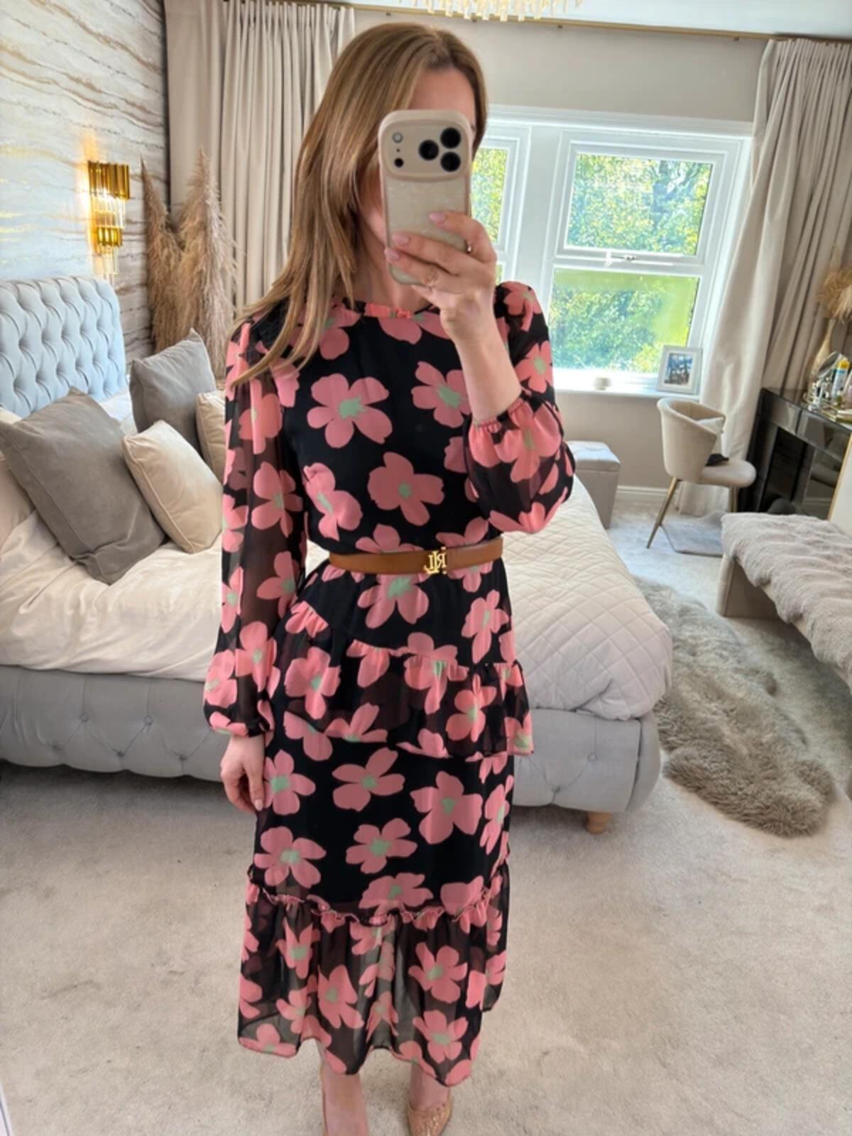 Miss Selfridge Black Floral Frill Tiered Midi Dress 10/12