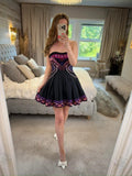 Karen Millen Black Aztek Embroidered Tulle Strapless Mini Dress XS