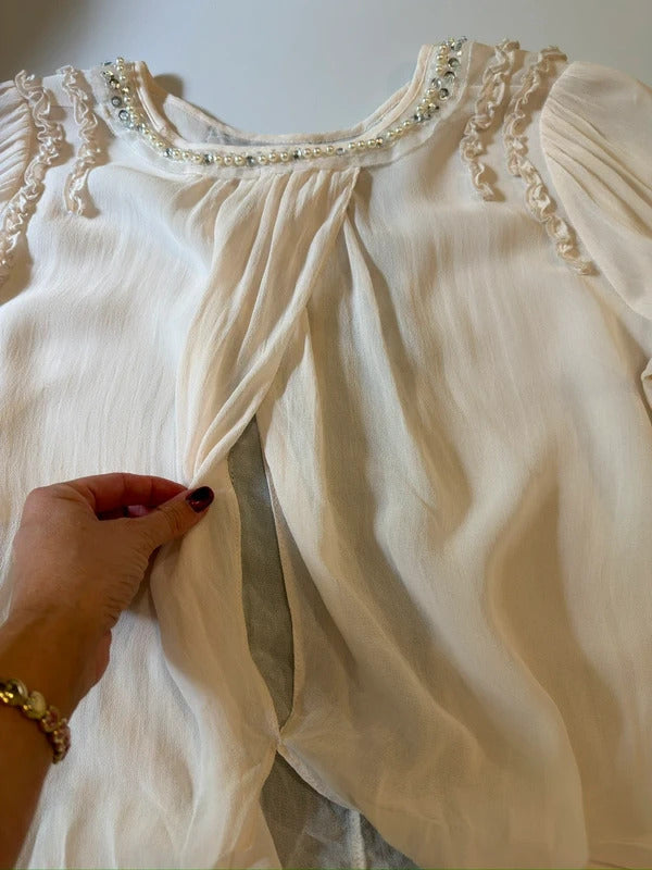 River Island Cream & Black Lace Frill Embellished Blouse 14