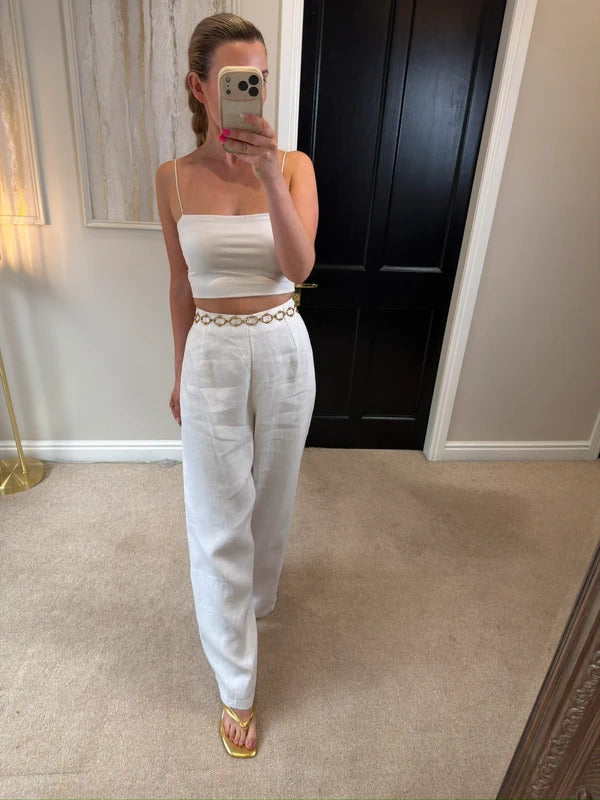 BNWT Beach City White Linen Wide Leg Trousers Large