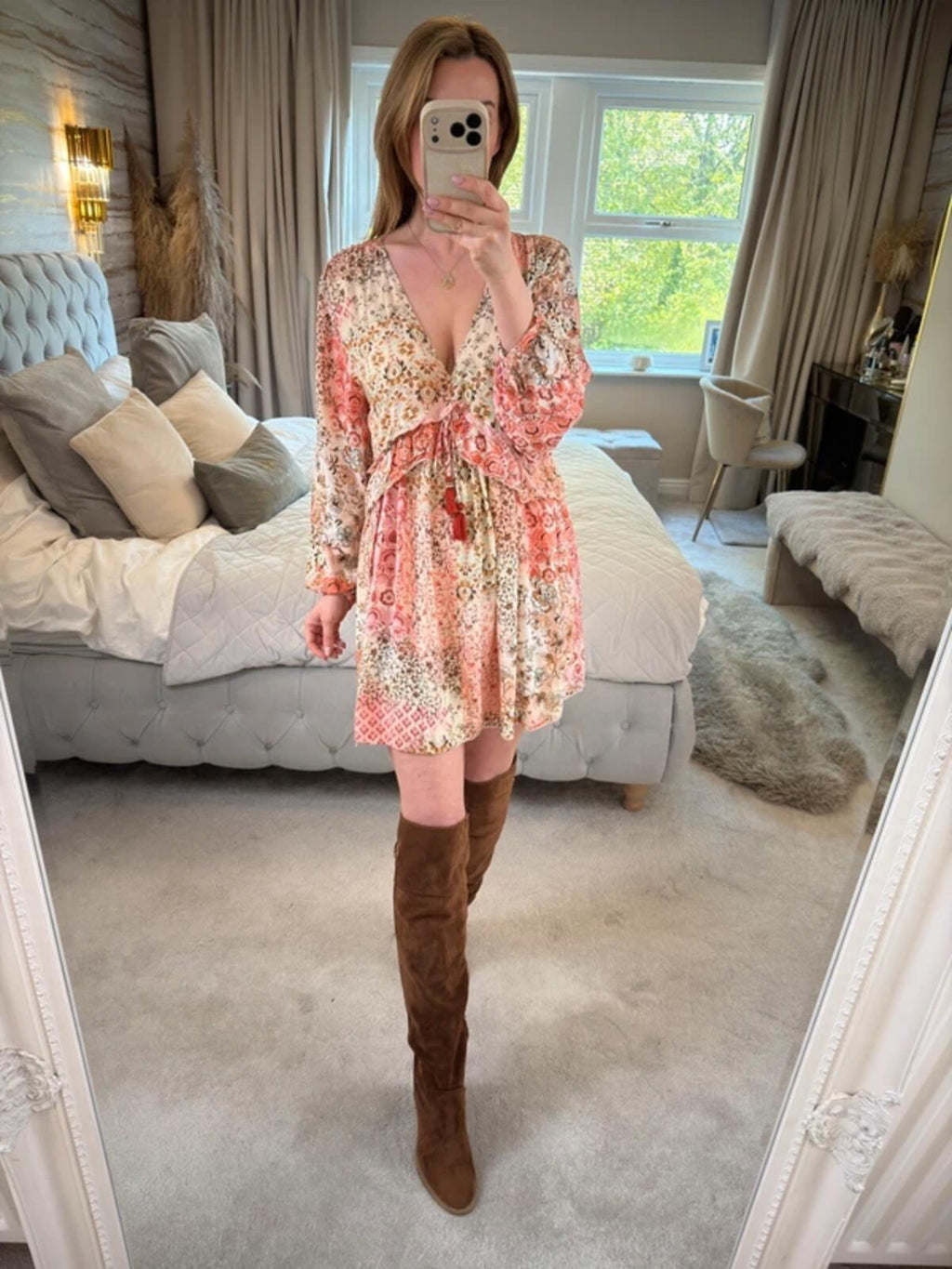Zara Cream & Pink Boho Mini Dress Small