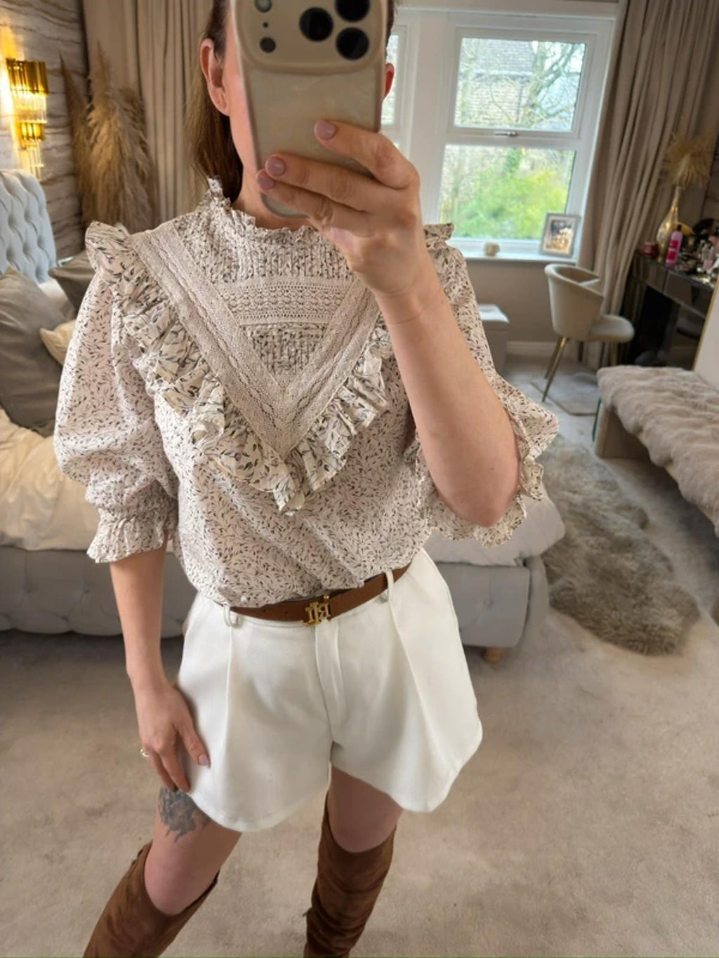 H&M Cream & Lilac Boho Floral Frill Blouse 10